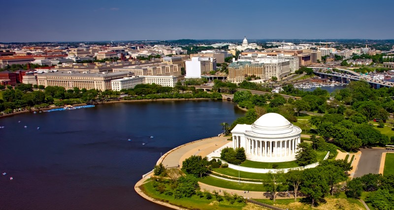 Aerial view of the Jefferson Memorial with downtown Washington DC in the background